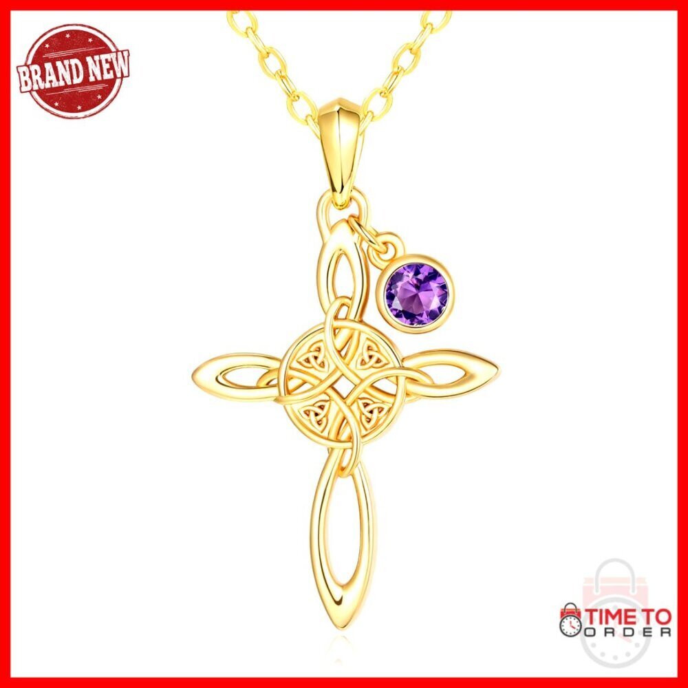 14K Gold Celtic Knot Cross Pendant Necklace with Birthstone, 20" Chain